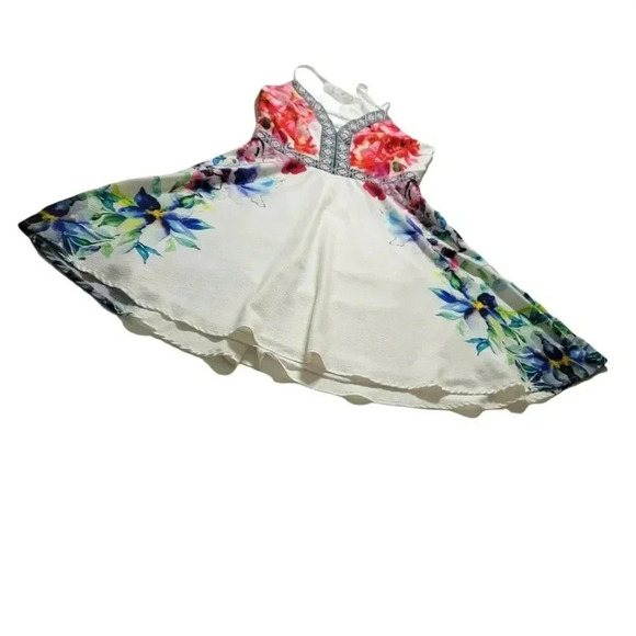 LULUMARI size S WHITE MINI DRESS V NECK FLORAL PRINT ON THE SIDES A-LINE womens - Picture 3 of 10